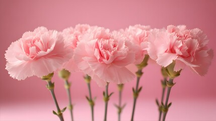 Obraz premium Delicate pink carnation flowers stand gracefully against a soft pastel pink background, their layered petals creating a sense of texture and depth in this vibrant floral arrangement, showcasing the...