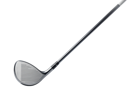 A shiny, metallic golf club angled against a pure black background