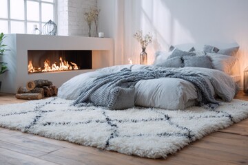 Cozy bedroom scene with fireplace, layered bedding, and shaggy rug. Sunlight streams in