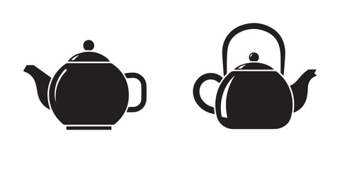 Stylized Black Teapot and Kettle Icons on White Background