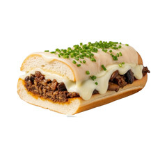 Gourmet vegetarian mushroom cheesesteak, sliced to show savory filling & melted provolone on hoagie roll, chives, white plate, transparent background, close-up, high-angle, concept of gourmet food