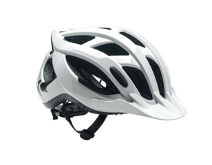 Modern white bicycle helmet, well-ventilated, with a visor, isolated on black