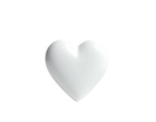 A glossy, white, 3D heart shape floats against a solid black background