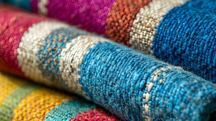 Fototapeta premium captures vibrant, rolled woven textiles featuring a rich palette of colors including blue, purple, yellow, and white, showcasing intricate textures and a handmade aesthetic, providing a detailed...