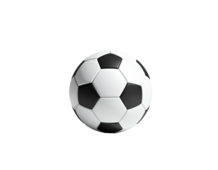 A classic black and white soccer ball, isolated against a stark black backdrop