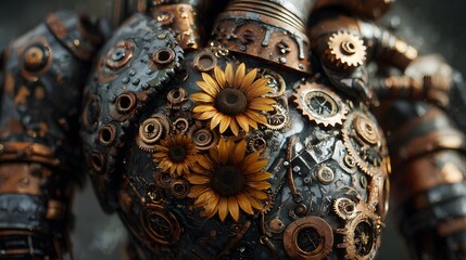 view features a mechanical torso adorned with intricate gears and sunflower blooms, showcasing a contrasting combination of industrial elements and natural beauty, highlighting details and textures...