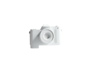 A clean, white, stylized digital camera isolated on a stark black background