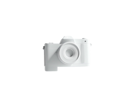 A clean, white, stylized digital camera isolated on a stark black background