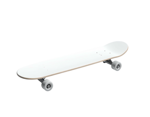 Simple white skateboard with four wheels, isolated against a black background