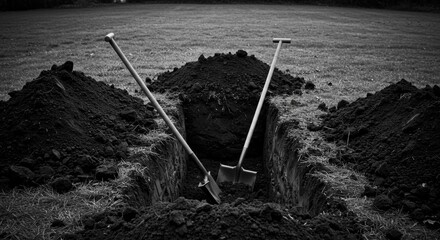 Mournful Earth: A stark, monochrome scene depicts an open grave, a shovel, and a spade, conveying a sense of loss and finality. The solemn atmosphere evokes deep reflection and respect.