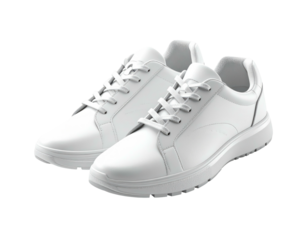 Pair of pristine white sneakers, angled, isolated on a black background, studio lighting