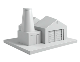 A gray simplified factory model with a tall smokestack on a white surface