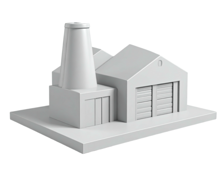 A gray simplified factory model with a tall smokestack on a white surface