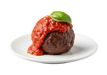 Perfectly seared gourmet meatball with glossy red marinara sauce, fresh basil, and sea salt on a matte white plate, isolated on transparent, studio lit, macro shot, concept of gourmet food photography