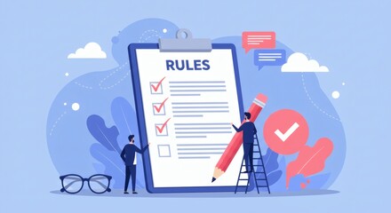 Rules Compliance Teamwork and Regulations in Business with Checklists Done.