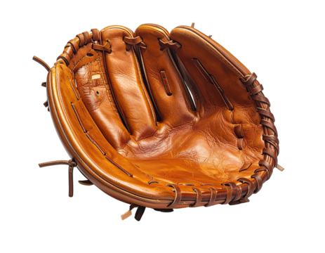 A worn, brown leather baseball glove against a stark black background