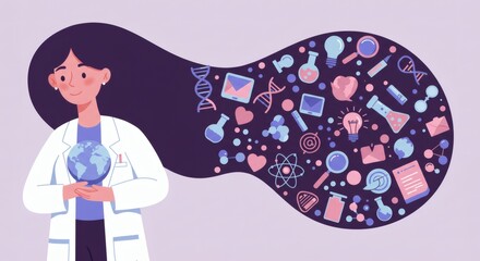 Scientists Dream Global Research  Discovery with Purple Backdrop.