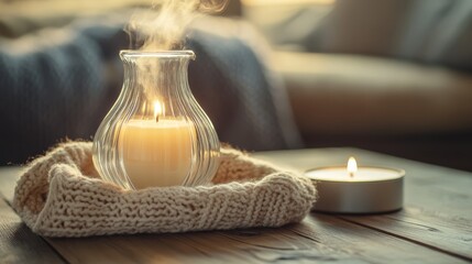 Side profile of a glass aroma lamp with glowing core, paired with a chunky knit cloth and ivory pillar candle on a distressed oak tabletop, steam curling upward into still air