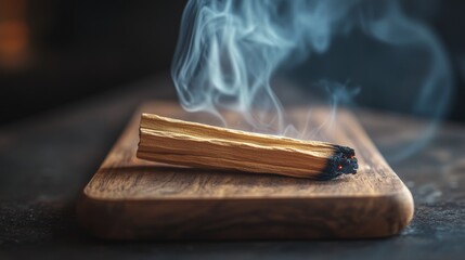Single hand-picked Palo Santo stick resting on warm cocoa-toned wooden board, charred tip glowing faintly, wisps of aromatic smoke weaving through soft focus background