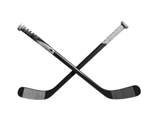 Two crossed ice hockey sticks, featuring a gray and black color scheme, on black