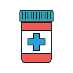Fototapeta premium Vector flat line icon illustration of a medical pill bottle with a prominent blue cross symbol, representing health, pharmacy, and medication. Ideal for healthcare-related designs and concepts