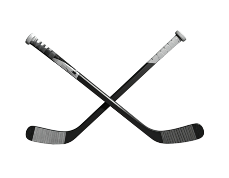 Two crossed ice hockey sticks, featuring a gray and black color scheme, on black