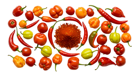 Red peppers and chili powder show vibrant colors and textures on a black background. It is ideal for culinary uses, product photography and spicy food themes.