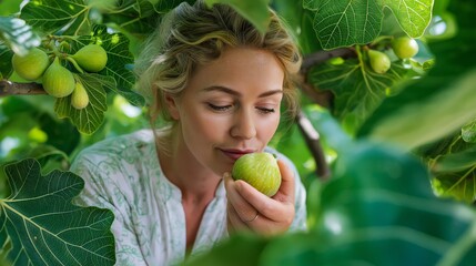 pretty Caucasian woman eating fig under fig tree shade	
