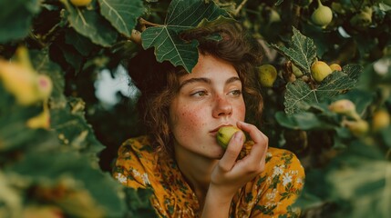 pretty Caucasian woman eating fig under fig tree shade	
