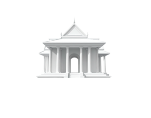 A stylized white building with pillars, a peaked roof, and an arched doorway