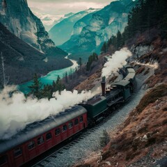 A train snakes through a mountain pass above
a turquoise valley, smoke or steam trailing gently.