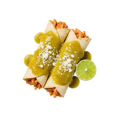 Two impeccably prepared chicken enchiladas with green tomatillo sauce, cotija cheese, and lime on white plate, isolated gray, top-down, commercial product photography for Mexican food advertising