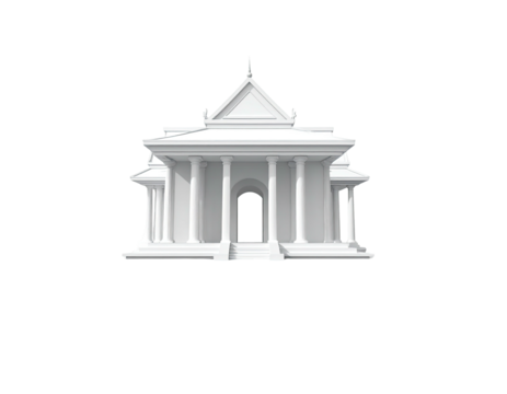 A stylized white building with pillars, a peaked roof, and an arched doorway - Powered by Adobe