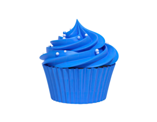 A vibrant blue cupcake with a swirled frosting, sprinkled with tiny white beads