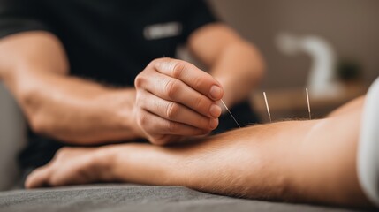 Obraz premium hand of a doctor gently press needle patient's back, alternative medical care Acupuncture