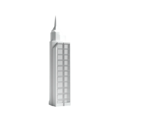 A grayscale, stylized skyscraper rendered against a stark black background
