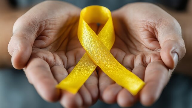 hand of old senior lady holding yellow ribbon symbolize symbolizes hope, support, and solidarity, promoting suicide prevention - Powered by Adobe