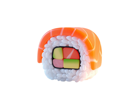 A close-up sushi roll, revealing colorful fillings and a salmon topping against black