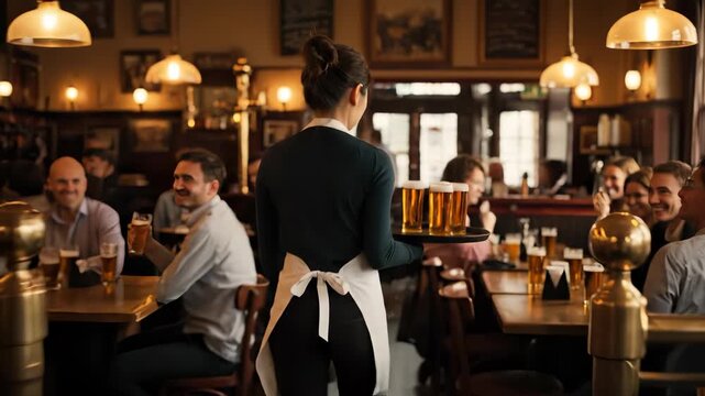 Waitress carries tray of beer. Server moves through busy pub. Pint glass sit on round tray. Customer chat and drink at table. Restaurant interior shows wooden table and friendly staff. Group laugh.