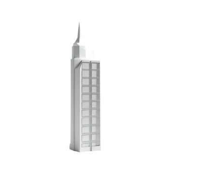 A grayscale, stylized skyscraper rendered against a stark black background