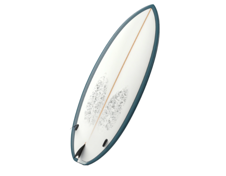 Angled view of a surfboard with a white deck, blue rails, and a black fin