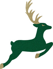 Vector watercolor illustration set of Christmas textile ornaments: reindeer, northern deer, with golden antlers in green fabric style.