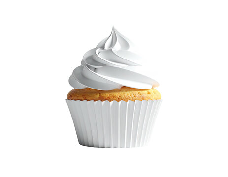A detailed close-up of a single cupcake, with swirled white frosting