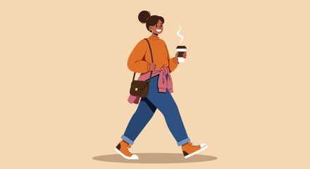 Woman Walking with Coffee Cup and Shoulder Bag Illustration.