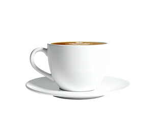 A white cup and saucer hold coffee with latte art against a black background