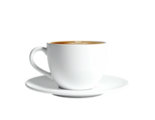 A white cup and saucer hold coffee with latte art against a black background