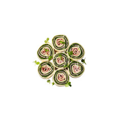 Vibrant gourmet wrap pinwheels, garnished with microgreens and flaky sea salt on a transparent porcelain coupe plate, isolated on transparent, commercial food presentation concept.