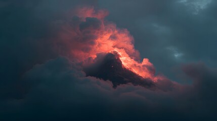 Obraz premium Striking visual of an expansive, moody atmosphere where the dark, dramatic cloud formations envelop a bright, radiant light source, creating an imposing and awe-inspiring atmosphere.