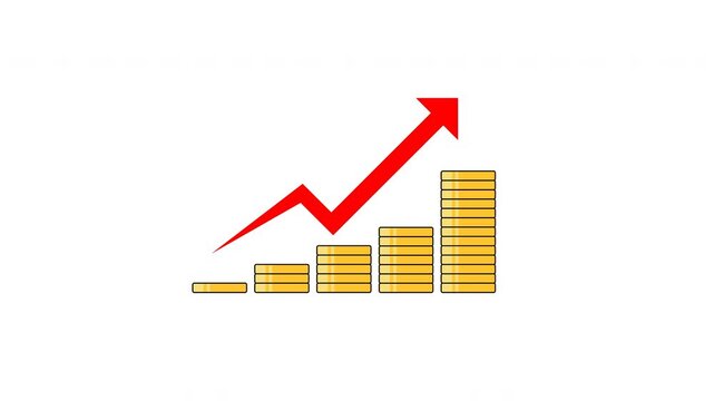 Animation showing economic growth with red arrow surpassing gold coins