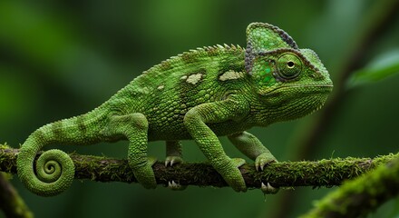 Fototapeta premium Colorful chameleon perched on branch, symbol of camouflage and unique reptiles, perfect for wildlife, tropical nature, and exotic animal themes.